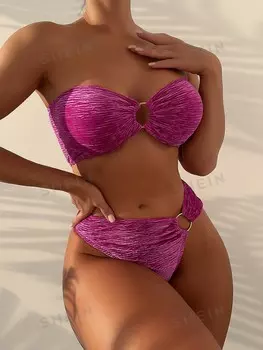 Купальник, бюстгальтер, бархатная ткань, бикини, обруч без бретелек и брюки с высокой талией Shein, фуксия