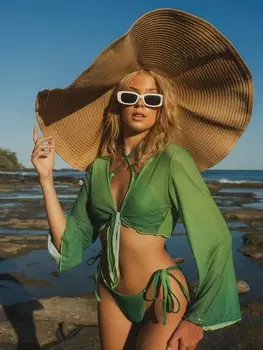 Купальник, бюстгальтер, омбре, бикини, крест-накрест, недоуздок, маленькие треугольные брюки и брюки-стринги с завязкой спереди, халат Shein, зеленый