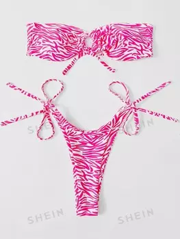 Купальник, бюстгальтер с узором «зебра», бикини с вырезом, без бретелек и брюки-стринги Shein, розовый