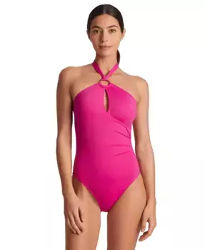 Купальник цельный с кольцом на плече и эффектом контроля живота Lauren Ralph Lauren, розовый