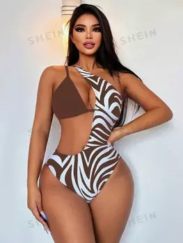 Купальник цельный Shein Swim Bae в стиле пэчворк с принтом, кофейный