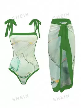 Купальник цельный Shein Swim Vcay с принтом и бретельками, зеленый