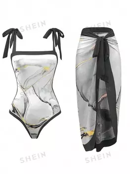 Купальник цельный Shein Swim Vcay с мраморным принтом и бретельками, черный / белый