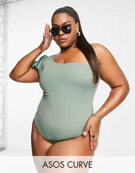 Купальник цвета хаки на одно плечо с развевающимися рукавами ASOS DESIGN Curve