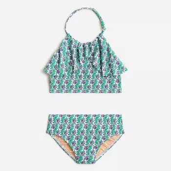 Купальник для девочек с оборками и халтер-воротником раздельный с принтом блоков и кроем «крош-кат» J.Crew, белый