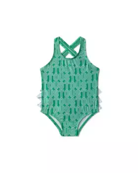 Купальник для девочки с перекрещенными бретелями и линейным принтом логотипа Tous, зеленый