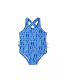 Купальник для девочки с перекрещенными бретелями и линейным принтом логотипа Tous, синий