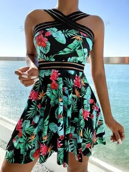 Купальник для плавания, тропический узор, форма крест-накрест, сетчатая ткань, полоски и плавки бикини Shein, зеленый