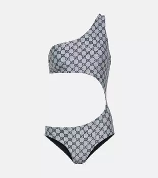 Купальник GG с асимметрией и вырезом Gucci, Blue/ White