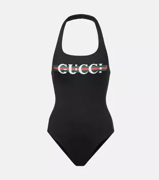 Купальник-халтер с логотипом Web Stripe Gucci, Black/ Mc