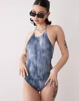 Купальник-халтер с открытой спиной и завязками, с принтом в синюю полоску, для будних дней