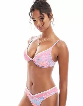 Купальник Hollister, бикини, топ на косточках, с глубоким вырезом, розовый, пэчворк, комплект