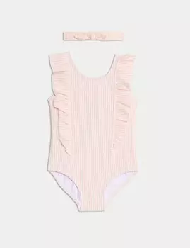 Купальник из полосатой ткани сирсакер и повязка на голову Marks & Spencer, розовый