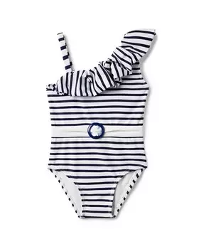 Купальник Janie and Jack из переработанного материала в полоску с оборками на плечах, синий