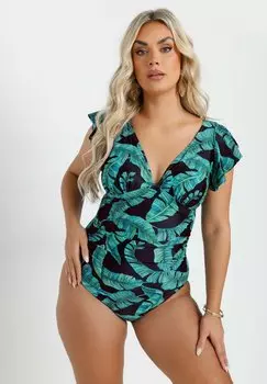 Купальник LEAF PRINT FRILL SLEEVE Yours Clothing, антрацит
