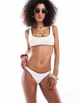 Купальник Miss Selfridge blanket stitch bottom in cream with chocolate stitch