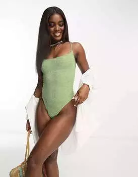 Купальник Miss Selfridge с жатыми лямками и высокими штанинами на спине, шалфей