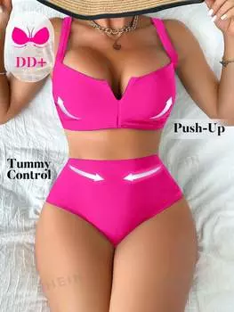 Купальник монохромный Shein DD+ с глубоким вырезом, ярко-розовый