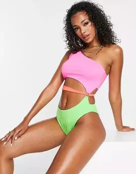 Купальник на одно плечо ASOS с вырезом в виде кольца и неоновым дизайном колор-блоков