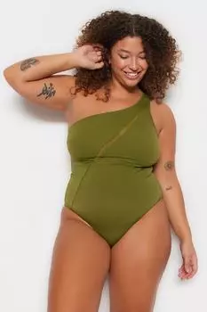 Купальник на одно плечо из тюля масляно-зеленого цвета Trendyol, зеленый