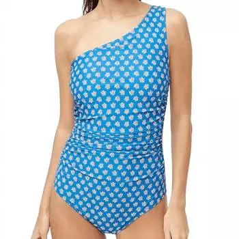 Купальник на одно плечо с принтом и сборками синего цвета J.Crew