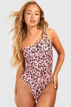 Купальник на одно плечо с уплотнительным кольцом Tiger Tummy Control boohoo, коричневый
