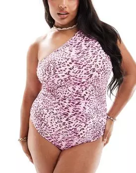 Купальник на одно плечо со сборками Vero Moda Curve пастельного лавандового цвета с леопардовым принтом