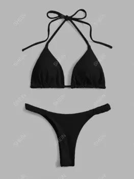 Купальник, однотонный бюстгальтер, бикини с треугольной бретелькой и брюки-стринги Shein, черный