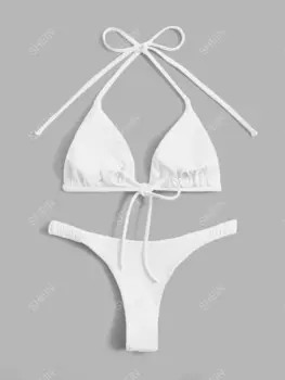 Купальник, однотонный бюстгальтер, бикини с треугольной бретелькой и брюки-стринги Shein, белый