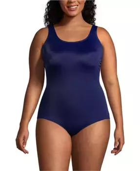 Купальник Plus Size с поддержкой живота, устойчивый к хлору, с мягкими чашками и без затяжек, цельный Lands' End, синий