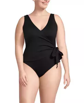 Купальник Plus Size Side Tie Wrap One Piece с запахом и завязками по бокам Lands' End, черный