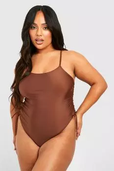Купальник Plus со сборками и овальным вырезом по бокам boohoo, коричневый