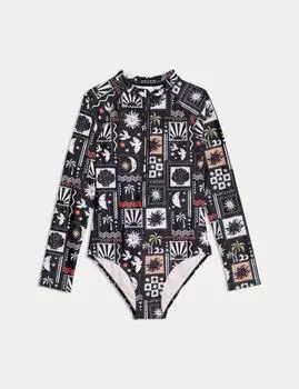 Купальник с длинными рукавами и принтом Marks & Spencer, черный