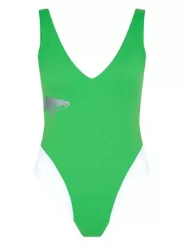 Купальник с глубоким V-образным вырезом и принтом акулы Let's Swim, зеленый