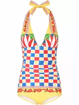 Купальник с глубоким вырезом и принтом Carretto DOLCE & GABBANA, желтый