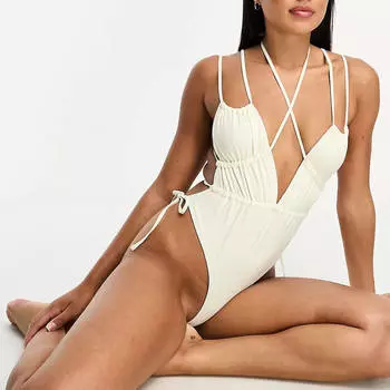 Купальник с глубоким вырезом на бретельках Simmi, светло-бежевый