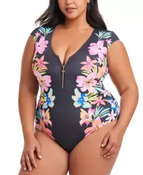 Купальник с каплевидным вырезом и застежкой-молнией спереди Plus Size Border-Print Sweet Escape Bleu by Rod Beattie, мультиколор