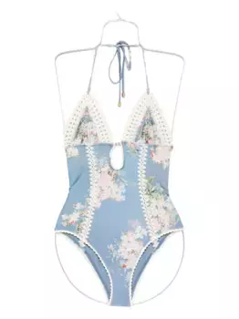 Купальник с каскадной вязкой крючком ZIMMERMANN, синий