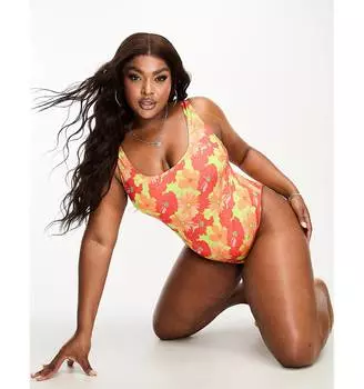 Купальник с круглым вырезом и цветочным принтом в стиле ретро ASOS DESIGN Curve ASOS Curve