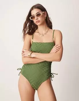 Купальник с квадратным вырезом и монограммой цвета хаки New Look