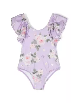 Купальник с оборками и цветочным принтом Monnalisa, фиолетовый