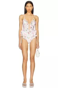 Купальник с оборками в виде водопада Lucky из одного куска Zimmermann, cream bouquet floral