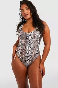 Купальник с овальным вырезом и змеиным принтом Plus Essentials boohoo, коричневый