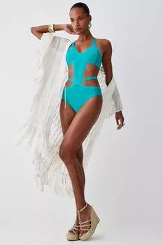 Купальник с перекрещенными передними бретелями и повязками Karen Millen, зеленый