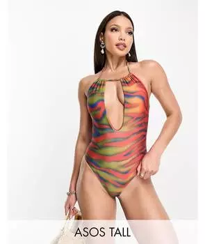 Купальник с принтом зебры и вырезом на шее ASOS DESIGN Tall с вырезом и халтером ASOS Tall
