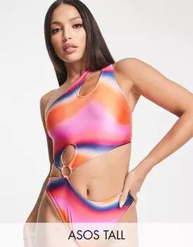 Купальник с ярким психоделическим принтом ASOS DESIGN Tall с вырезами и кольцами