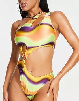 Купальник с вырезами и кольцом ASOS DESIGN с ярким психоделическим принтом