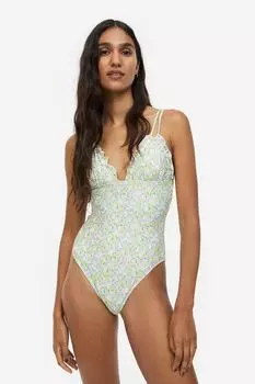 Купальник с вырезами на бедрах H&M, светло-зеленый/цветочный