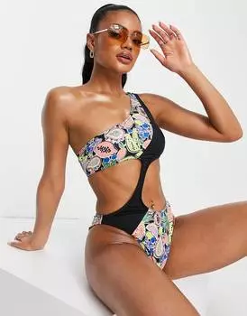 Купальник с вырезами на одно плечо и принтом фруктов ASOS DESIGN