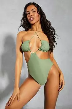 Купальник с вырезом через бретельку и вырезом MISSPAP, хаки